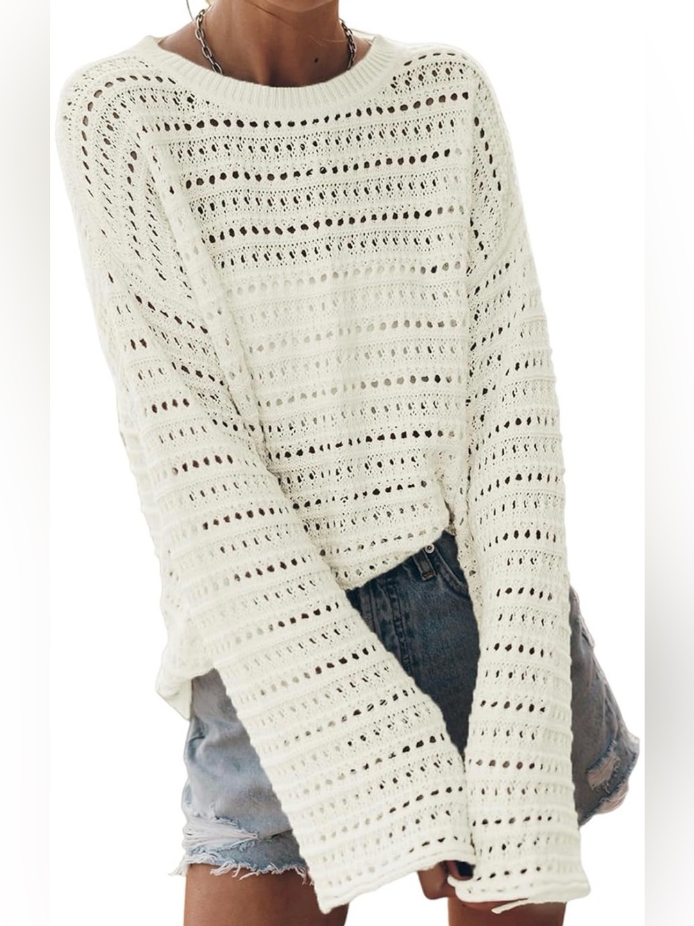 Crochet Open-Knit Crewneck Sweater, Oversized, Bell Sleeves, White
